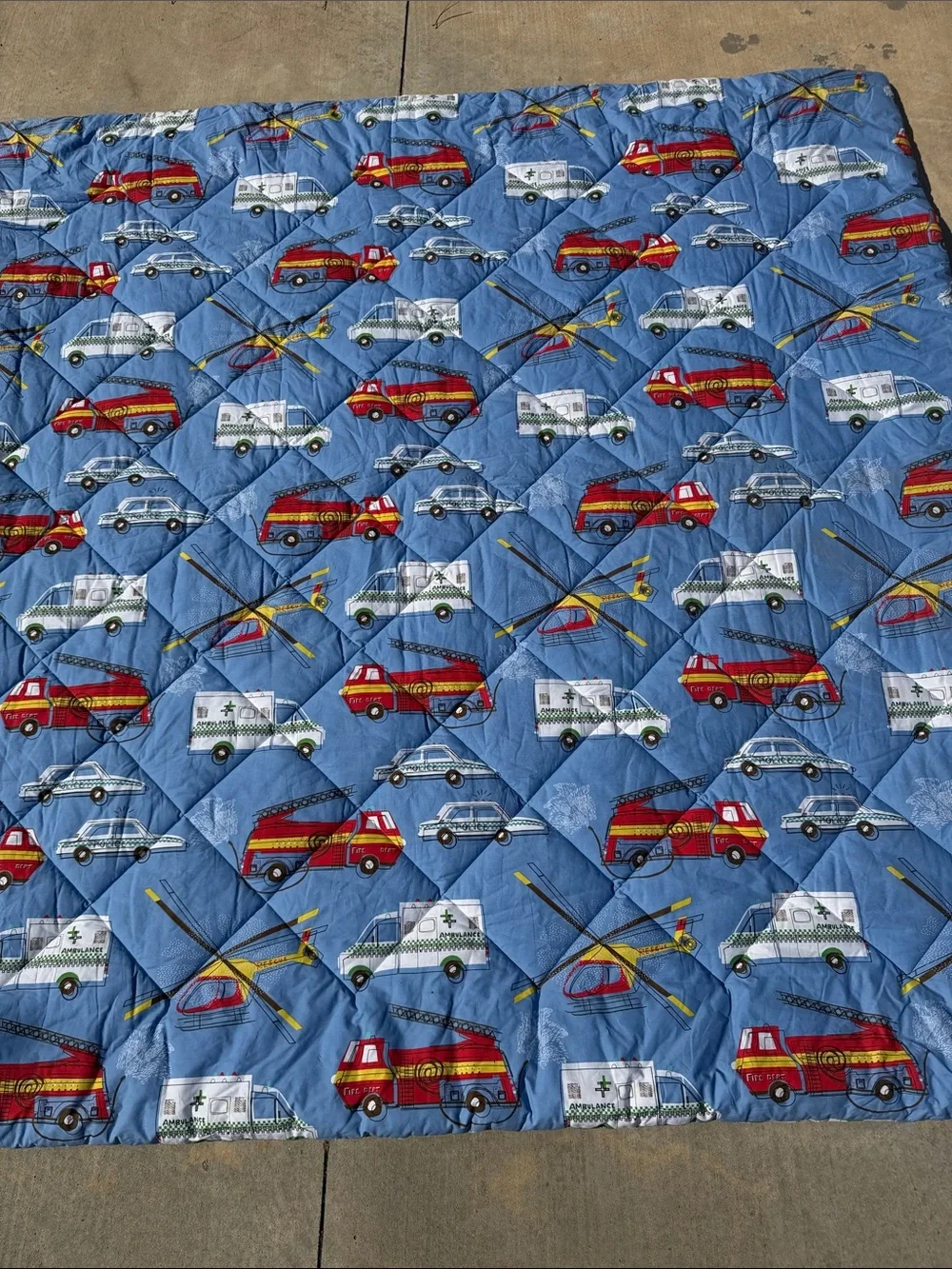 Blue Kids Emergency Vehicles Quilt - Fire Truck & Ambulance Print